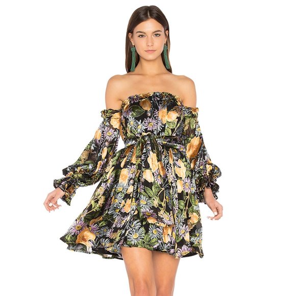 For Love /& Lemons Luciana Strapless Dress Black Floral Off Shoulder Silk